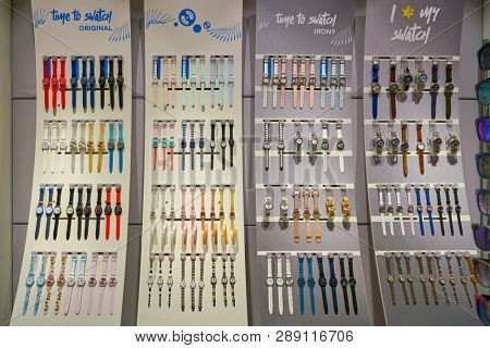 LINATE, ITALY - CIRCA NOVEMBER, 2017: wristwatches on display at Swatch shop in Milan Linate Airport.