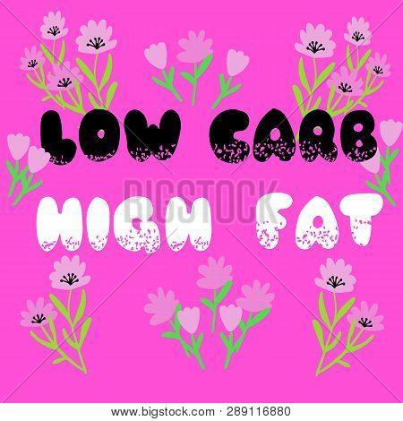 Low Carb High Fat Lettering. Keto Diet Hand Drawn Typography On The Pink Background. Perfect For Pos