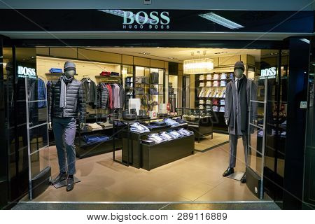 LINATE, ITALY - CIRCA NOVEMBER, 2017: Hugo Boss shop in Milan Linate Airport.