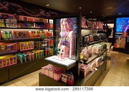 LINATE, ITALY - CIRCA NOVEMBER, 2017: Victoria's Secret shop Milan Linate Airport.