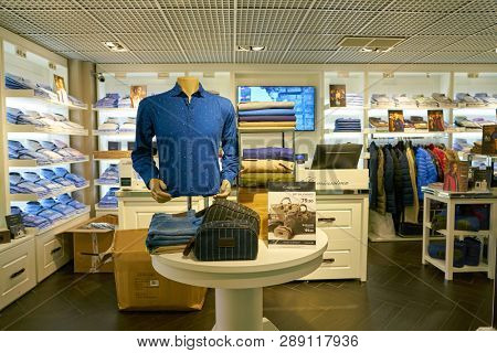 LINATE, ITALY - CIRCA NOVEMBER, 2017: clothing on display at Camicissima shop in Milan Linate Airport.