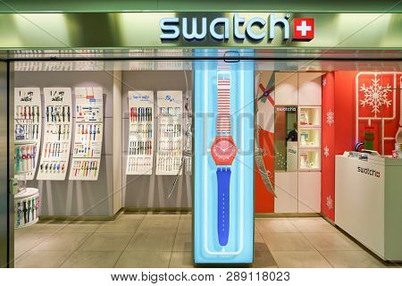 LINATE, ITALY - CIRCA NOVEMBER, 2017: Swatch shop in Milan Linate Airport.