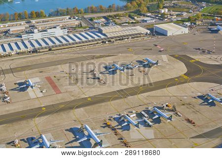 LINATE, ITALY - CIRCA NOVEMBER, 2017: aerial view from aircraft after take-off from Milan Linate Airport.