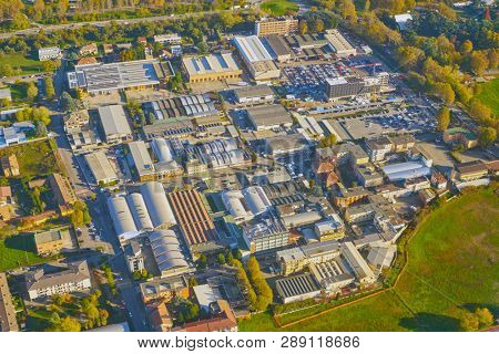 LINATE, ITALY - CIRCA NOVEMBER, 2017: aerial view from aircraft after take-off from Milan Linate Airport.