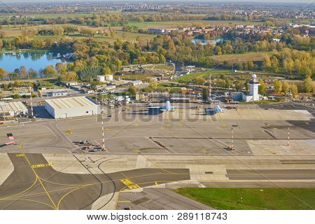 LINATE, ITALY - CIRCA NOVEMBER, 2017: aerial view from aircraft after take-off from Milan Linate Airport.