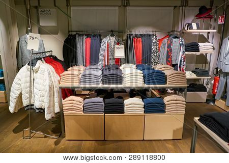 LINATE, ITALY - CIRCA NOVEMBER, 2017: clothing on display at United Colors of Benetton shop in Milan Linate Airport.
