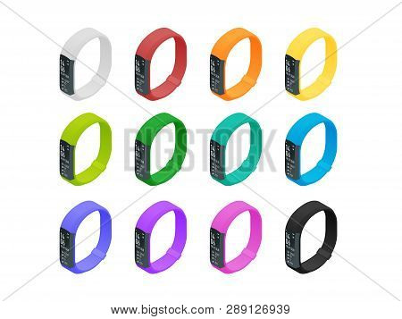 Isometric Fitness Bracelet Or Tracker With A Smartphone Isolated On White. Sports Accessories, A Wri