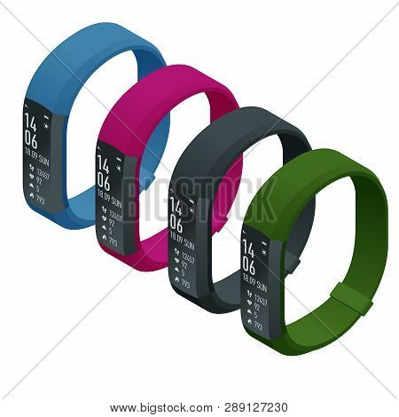Isometric Fitness Bracelet Or Tracker With A Smartphone Isolated On White. Sports Accessories, A Wri