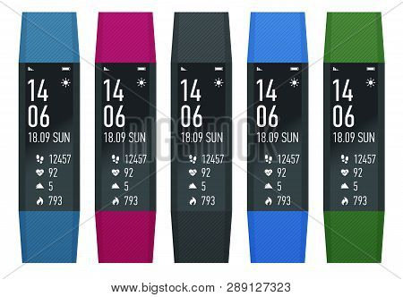 Fitness Bracelet Or Tracker With A Smartphone Isolated On White. Sports Accessories, A Wristband Wit