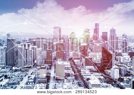 Modern Seattle Urban Skyline With High-speed Data And Internet Communication Network. Concept Of Cyb