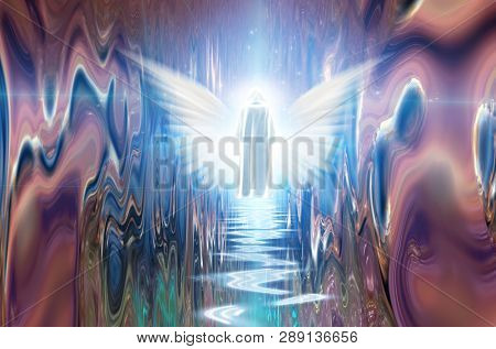 Figure in white cloak before angel being. 3D rendering