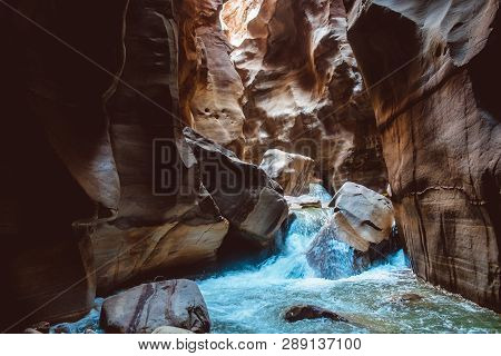 Beautiful Canyon In Jordan Territory Called Wadi Mujib. Five Kilometers Of Canyoning Trail Arounded