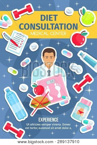 Dietetics Medical Center, Healthy Diet Nutrition And Dietitian Doctor. Vector Diet Consultation And 