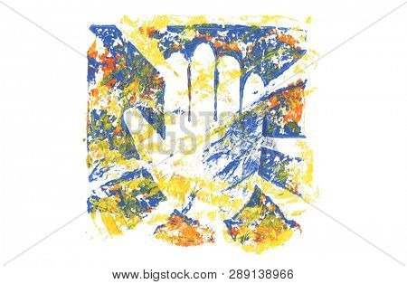Abstract color acrylic and watercolor painting. Monoprinting  template. Canvas texture background.