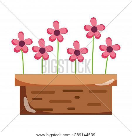 Tropical Flowers With Petals Inside Wood Plantpot Vector Illustration