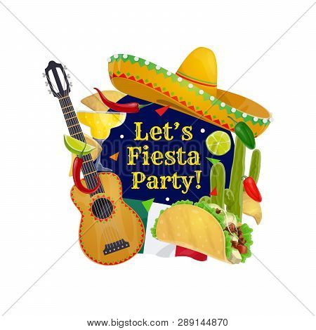 Cinco De Mayo Holiday Vector Greeting Card With Mexican Sombrero And Guitar. Fiesta Party Tequila Ma