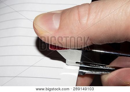 Stapling Paper With Staples.stapler In The Hand Of Man.