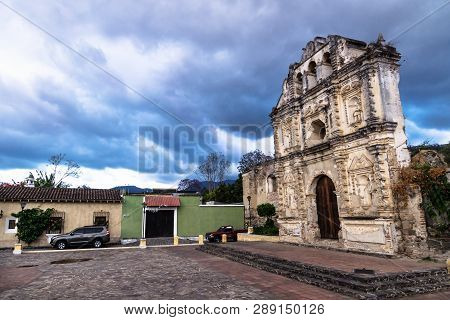 Church Fassade Ruin Of Ermita De Santa Isabel With Dramatic Blue Cloudscape, Antigua, Guatemala