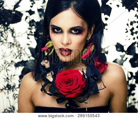 Pretty Brunette Woman With Rose Jewelry, Black And Red, Bright Make Up Kike A Vampire Closeup Red Li