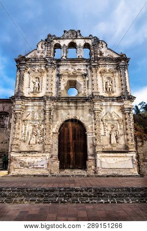Church Fassade Ruin Of Ermita De Santa Isabel With Dramatic Blue Cloudscape Vertical, Antigua, Guate