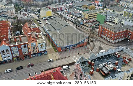Koszalin, Poland - 06 March 2019 - Aerial View On Koszalin City, Area Of Shopping Center Saturn And 