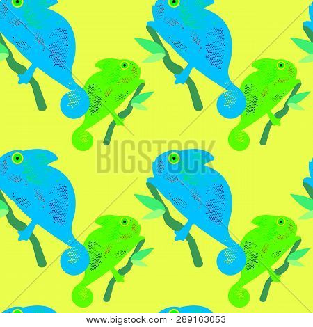 Seamless Pattern. Flat Background. Abstracy Image. Chameleon On Branch.chameleon Colorful. Design Il