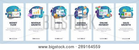 Mobile App Onboarding Screens. Stock Market Trades, Revenue And Sales Growth, Online Payment. Menu V