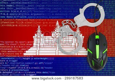 Cambodia Flag  And Handcuffed Computer Mouse. Combating Computer Crime, Hackers And Piracy