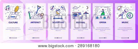 Mobile App Onboarding Screens. World Culture And Art, Literature, Theatre, Music. Menu Vector Banner