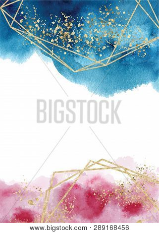 Watercolor Abstract Aquamarine, Background, Hand Drawn Watercolour Blue, Pink And Gold Texture Vecto