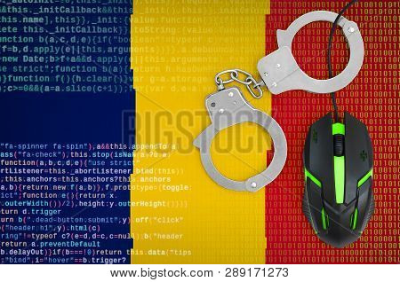 Chad Flag  And Handcuffed Computer Mouse. Combating Computer Crime, Hackers And Piracy