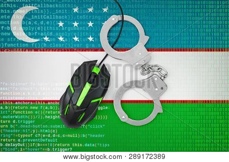 Uzbekistan Flag  And Handcuffed Computer Mouse. Combating Computer Crime, Hackers And Piracy