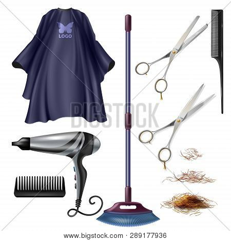 Barbershop Hairdresser Tools And Accessories 3d Realistic Vector Set Isolated On White Background. S