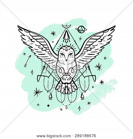 Vector Patterned Polar White Owl, Moon And Stars, Space Constellations. Beautiful Onamental Animal P