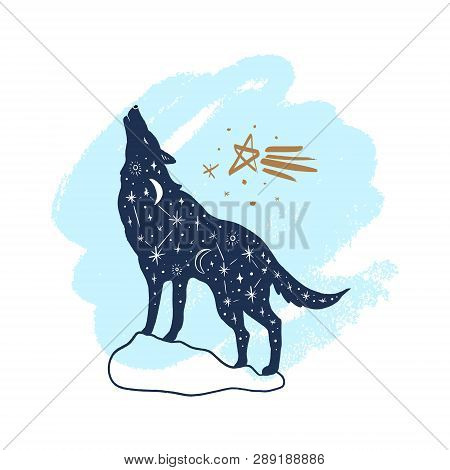 Vector Patterned Night Wolf, Moon And Stars, Space Constellations. Beautiful Onamental Animal Print,