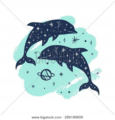 Vector Patterned Night Dolphins, Moon And Stars, Space Constellations. Beautiful Onamental Animal Pr