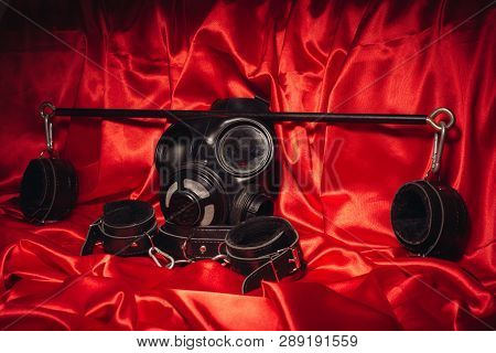 Close Up Bdsm Outfit. Bondage, Kinky Adult Sex Games, Kink And Bdsm Lifestyle Concept With A Pair Of
