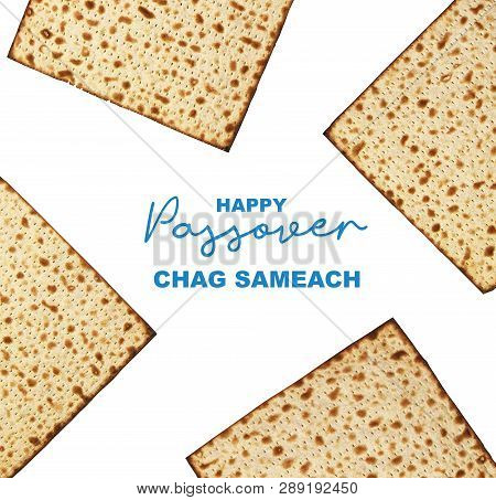 Happy Passover Jewish Holiday Concept, Studio Image. Top View Matzah Isolated On White Background, H