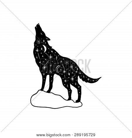 Vector Patterned Polar Wolf, Moon And Stars, Space Constellations. Beautiful Onamental Animal Print,