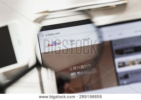 China, Beijing - 7 March 2019: Baidu, Search System Official Website Homepage Under Magnifying Glass