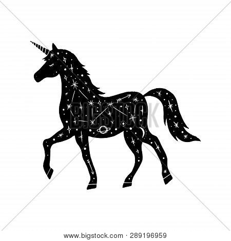 Vector Patterned Polar Unicorn, Moon And Stars, Space Constellations. Beautiful Onamental Animal Pri