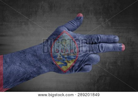 Us State Guam Flag Painted On Male Hand Like A Gun