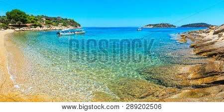 Greece, Lagonisi - July 25, 2016 : Beautiful Summer Aegean Sea Rocky Coast Landscape, Sithonia (near
