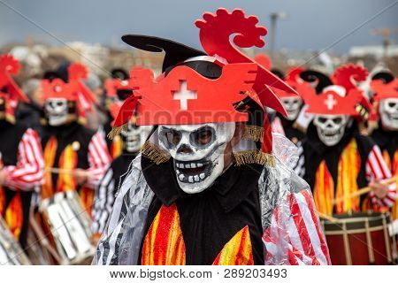 Basel, Switzerland - March 11, 2019: Participants At The Parade Of The Carnival Of Basel 2019. The C