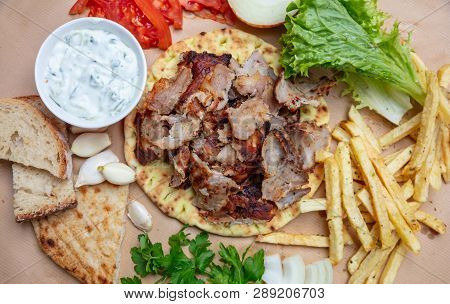 Shawarma, Gyros Pita. Traditional Turkish, Greek Meat Food On Pita Bread