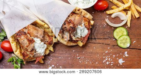 Gyro Pita, Shawarma, Take Away, Street Food. Traditional Greek Turkish, Meat Food On Wooden Table
