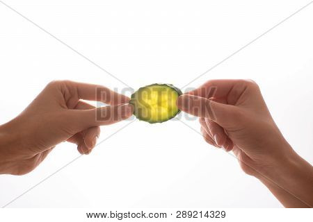 Two Hand Holding The Slice Of Green Cucumber On White Background Witch Copy Space