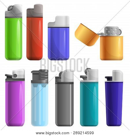 Cigarette Lighter Icons Set. Cartoon Set Of Cigarette Lighter Icons For Web Design
