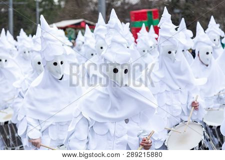 Basel, Switzerland - March 11, 2019: Participants At The Parade Of The Carnival Of Basel. The Carniv