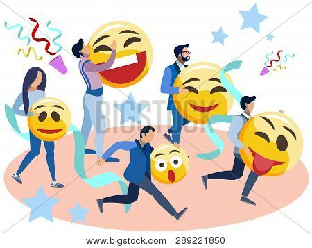 People Run With Smiles In Their Hands. In Minimalist Style Cartoon Flat Vector